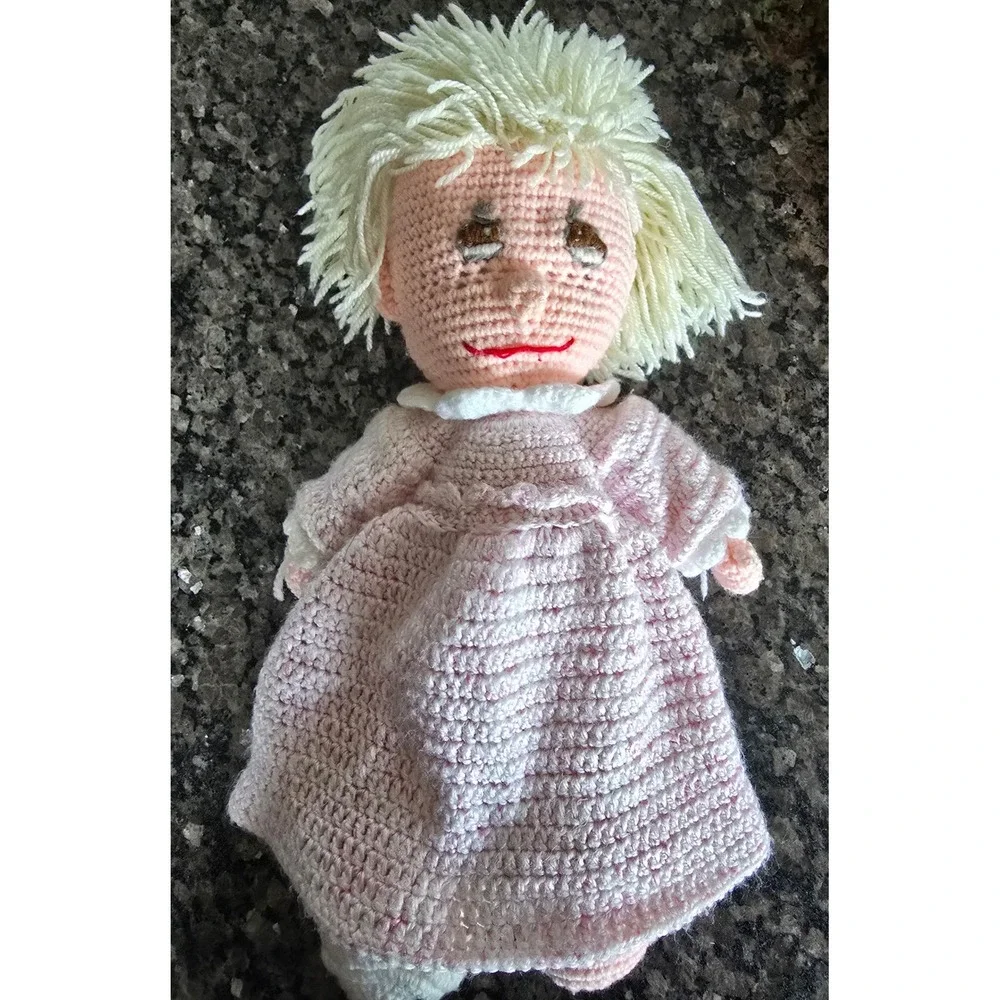 Vintage Handmade Crochet Doll Blonde Hair Pink Dress Amigurumi Soft Toy‎ Plush